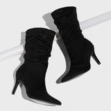 Vipkoala NEW Fashion Mid-Calf Boots Sexy Flock Sewing Pleated Pointed Toe Zippers for Thin High Heels Wedding Women Shoes Apricot