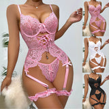 Sexy Crotchless Lingerie Women Lace Hollow Bodysuit Erotic Pajamas Teddy Babydoll Dress Deep V Open Bra Porn Underwear Set