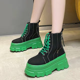 Green Punk Chunky Platform Ankle Boots for Women Autumn Winter Thick Bottom Motorcycle Boots Wedges Gothic Shoes Woman