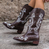 Vipkoala Black Embroidered Pu Leather Mid Calf Boots Women's Pointed Toe Western Cowboy Boots Fashion Plus Size 35-43 Womens Booties