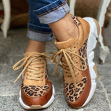 Vipkoala Plus size 36-44 New Thick-soled Round Toe Low-top Leopard Print Women&#39;s Singles Cross-large Stitching Lace-up Sneakers