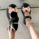 Vipkoala Spring and Autumn Fashion New Beaded Round Toe Solid Color Casual and Comfortable Women's Banquet Bow Thick-soled Shoes