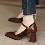 Vipkoala Women Genuine Leather  Pumps Square Toe Block High Heels Buckle Glove Shoes Ladies Fashion Shoes Spring Autumn