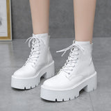 Autumn Winter Chunky Motorcycle Boots Women Punk Style Thick Bottom White Ankle Boots PU Leather Platform Booties Woman