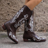 Vipkoala Black Embroidered Pu Leather Mid Calf Boots Women's Pointed Toe Western Cowboy Boots Fashion Plus Size 35-43 Womens Booties