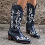 Vipkoala Black Embroidered Pu Leather Mid Calf Boots Women's Pointed Toe Western Cowboy Boots Fashion Plus Size 35-43 Womens Booties