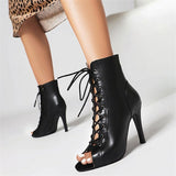 Women's Heels Sandals Boots Summer Boots Lace Up Boots Heel Boots Party Club Lace-up Stiletto Peep Toe Fashion PU Zipper Almond Black