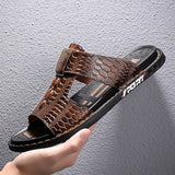 Vipkoala Men's Leather Sandals Fashion Sandals Walking Casual Beach Home Crocodile Print Breathable Slippers