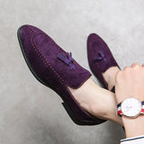 Vipkoala Brand Design Men Suede Leather Shoes Moccasins Purple Tassel Pointed Men's Loafers Vintage Slip-on Casual Men Social Dress Shoe