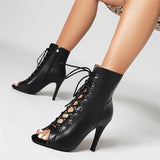 Women's Heels Sandals Boots Summer Boots Lace Up Boots Heel Boots Party Club Lace-up Stiletto Peep Toe Fashion PU Zipper Almond Black