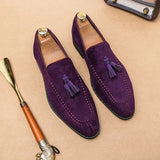 Vipkoala Brand Design Men Suede Leather Shoes Moccasins Purple Tassel Pointed Men's Loafers Vintage Slip-on Casual Men Social Dress Shoe