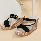 Vipkoala Women's Sandals Wedge Heels Daily Solid Color Summer Rhinestone High Heel Open Toe Casual Satin Loafer Black Beige