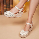 Women's Wedge Platform Sandals Hollow Out Ankle Buckle Strap Shoes Casual Slingback Sandals Apricot