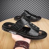 Vipkoala Men's Leather Sandals Fashion Sandals Walking Casual Beach Home Crocodile Print Breathable Slippers