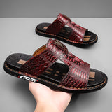 Vipkoala Men's Leather Sandals Fashion Sandals Walking Casual Beach Home Crocodile Print Breathable Slippers