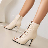 Women's Heels Sandals Boots Summer Boots Lace Up Boots Heel Boots Party Club Lace-up Stiletto Peep Toe Fashion PU Zipper Almond Black