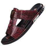 Vipkoala Men's Leather Sandals Fashion Sandals Walking Casual Beach Home Crocodile Print Breathable Slippers