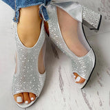 Vipkoala Women's Sandals Sparkling Shoes Rhinestone Chunky Heel Peep Toe Vintage Walking Faux Leather Zipper Silver Gold