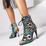 Women's Heels Retro Sandals Boots Summer Boots Heel Boots Party Leopard Buckle Lace-up Stiletto Peep Toe Fashion PU Zipper Black White Blue