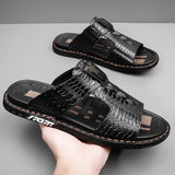 Vipkoala Men's Leather Sandals Fashion Sandals Walking Casual Beach Home Crocodile Print Breathable Slippers