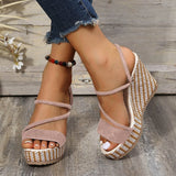 Vipkoala Women's Sandals Wedge Heels Daily Solid Color Summer Rhinestone High Heel Open Toe Casual Satin Loafer Black Beige