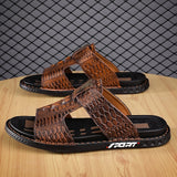 Vipkoala Men's Leather Sandals Fashion Sandals Walking Casual Beach Home Crocodile Print Breathable Slippers