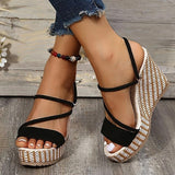 Vipkoala Women's Sandals Wedge Heels Daily Solid Color Summer Rhinestone High Heel Open Toe Casual Satin Loafer Black Beige