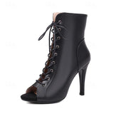 Women's Heels Sandals Boots Summer Boots Lace Up Boots Heel Boots Party Club Lace-up Stiletto Peep Toe Fashion PU Zipper Almond Black