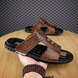 Vipkoala Men's Leather Sandals Fashion Sandals Walking Casual Beach Home Crocodile Print Breathable Slippers