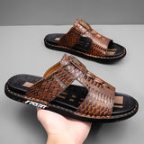 Vipkoala Men's Leather Sandals Fashion Sandals Walking Casual Beach Home Crocodile Print Breathable Slippers