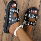 Vipkoala Women's Sandals Slippers Wedge Sandals Flat Sandals Platform Sandals Daily Leopard Snake Summer Rivet Flat Heel Open Toe Punk Fashion Casual PU Loafer Buckle Leopard Print Snake pattern Black