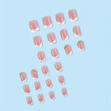 24pcs Pink French Tip Press On Nails Short Square Fake Nails Glossy Full Cover Rhinestone Stick On Nails False Nails With Glue Sticker And Nails File For Women Girls