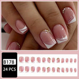 24pcs Pink French Tip Press On Nails Short Square Fake Nails Glossy Full Cover Rhinestone Stick On Nails False Nails With Glue Sticker And Nails File For Women Girls