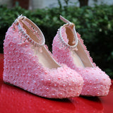 Vipkoala New White Wedges Wedding Pumps Sweet White Flower Lace Pearl Platform Pump Shoes Bride Dress High Heels