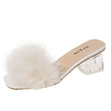 Vipkoala Mules Sandal Women Summer Outdoor Fashion Slippers Square Toe High Heels Office Ladies Feather Slides Chic Classics Furry Shoes