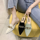 Vipkoala Women Mules Pointed Toe Low Heels Chain Fashion Office Ladies Fashion Pumps Sandals  Shoes Autumn PU Office Footwear oiu9drt