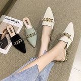 Vipkoala Women Mules Pointed Toe Low Heels Chain Fashion Office Ladies Fashion Pumps Sandals  Shoes Autumn PU Office Footwear oiu9drt