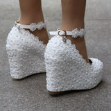 Vipkoala New White Wedges Wedding Pumps Sweet White Flower Lace Pearl Platform Pump Shoes Bride Dress High Heels