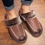 Vipkoala Men's Leather Home Warm Cotton Slippers Men's Home Autumn and Winter Indoor Wooden Floor Non-slip Thick Slippers Mens Slippers