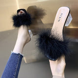 Vipkoala Mules Sandal Women Summer Outdoor Fashion Slippers Square Toe High Heels Office Ladies Feather Slides Chic Classics Furry Shoes