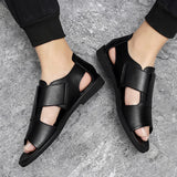 Vipkoala Fashion Leather Roman Sandals Korean Version of British Leather Sandals Men's Summer Casual Shoes Leather Hollow Shoes