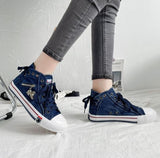 Vipkoala Women New Denim Flat-heel Round Toe Lace-up Skull Metal Decoration High-top Comfortable Fashion Classic Platform Casual Sneakers