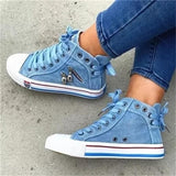 Vipkoala Women New Denim Flat-heel Round Toe Lace-up Skull Metal Decoration High-top Comfortable Fashion Classic Platform Casual Sneakers