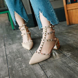 Vipkoala Rivet Pointed Wedding Party Shoes Ladies Buckles T-Strap High Heels Women Sandals Roman Pumps Patent Leather Stud Single