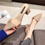 Vipkoala Pointed Toe Suede Square Heel High Heels Muller Slippers Women Summer Shoes Women Fashion Patchwork Shallow Ladies Shoes