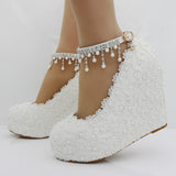 Vipkoala New White Wedges Wedding Pumps Sweet White Flower Lace Pearl Platform Pump Shoes Bride Dress High Heels