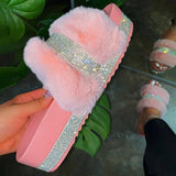 Vipkoala Luxury Designer Women Fur Rhinestone Slippers Platform Wedges Heel Solid Fluffy Furry Slides Outside Sexy Shoes Ladies Whosale