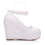 Vipkoala New White Wedges Wedding Pumps Sweet White Flower Lace Pearl Platform Pump Shoes Bride Dress High Heels