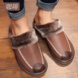 Vipkoala Men's Leather Home Warm Cotton Slippers Men's Home Autumn and Winter Indoor Wooden Floor Non-slip Thick Slippers Mens Slippers