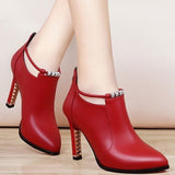 Vipkoala New Winter Autumn Ankle Boots Women's Shallow Pointed Red Thin High Heels Ankle Booties Zip Pu Female Chelsea Leather